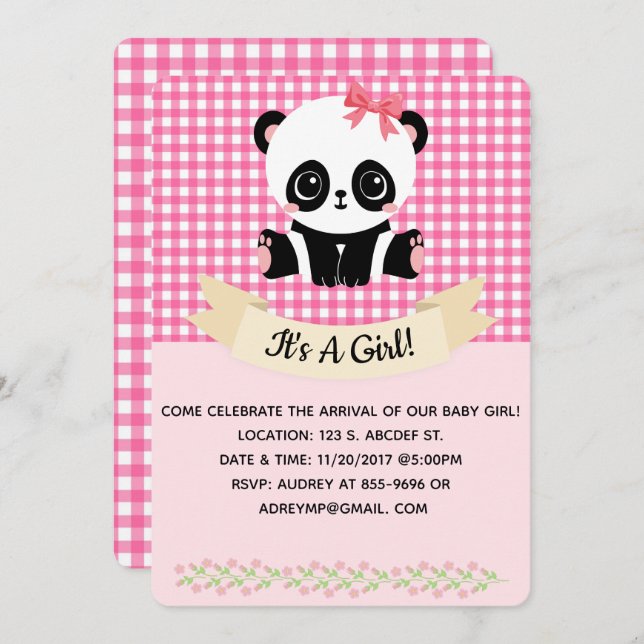 Adsible Baby Panda Rosa Baby Shower-inbjudningar Inbjudningar (Fram/baksida)