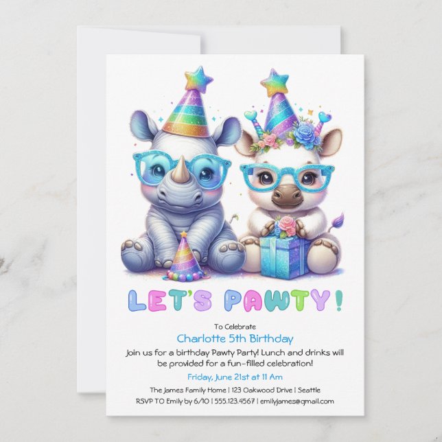Adsible Baby Rhino Birthday - Blue Glitter Inbjudningar (Framsida)