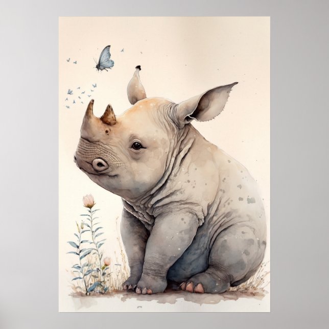 Adsible Baby Rhino Watercolor Nursery Poster (Framsidan)