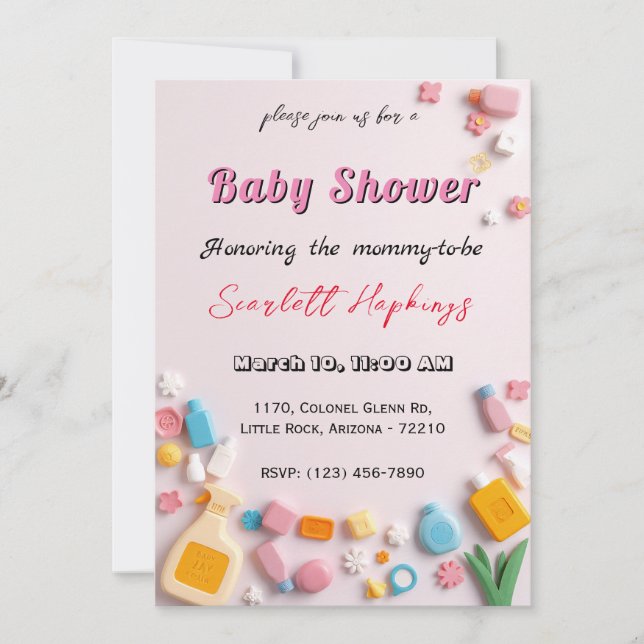 Adsible Baby Shower Card med Baby Essentials Inbjudningar (Framsida)