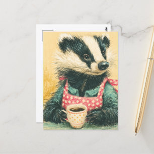 Adsible Badger with a cafee Red Polka Dot Apron Vykort