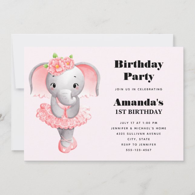 Adsible Ballerina Elephant en Pointe Birthday Inbjudningar (Framsida)
