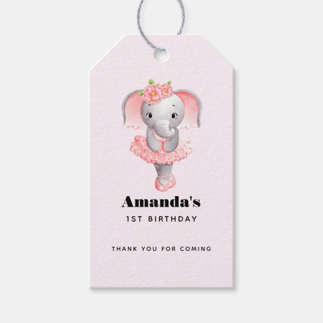 Adsible Ballerina Elephant en Pointe Birthday Presentetikett (Framsidan)