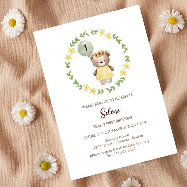 Adsible Bear Birthday bjudande for Girls - Cute Inbjudningar (Bear First Birthday Invitation)