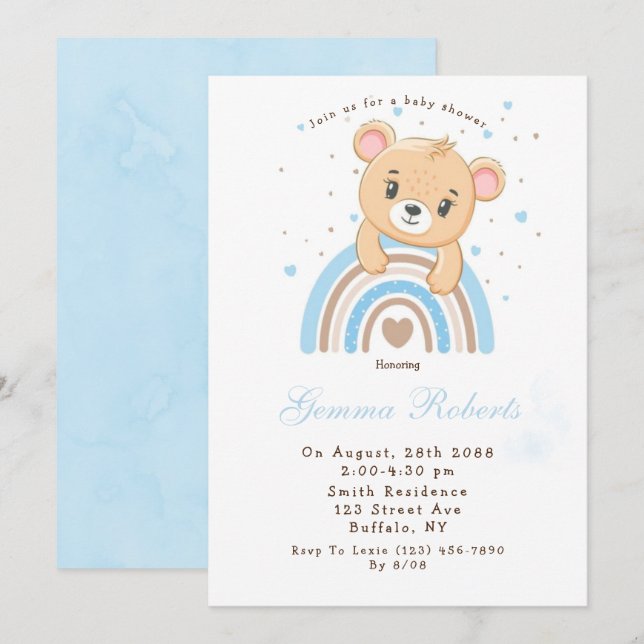 Adsible Bear Boho Rainbow Boy Shower Inbjudningar (Fram/baksida)