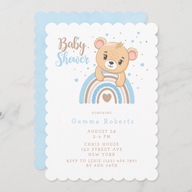 Adsible Bear Boho Rainbow Boy Shower Inbjudningar (Fram/baksida)