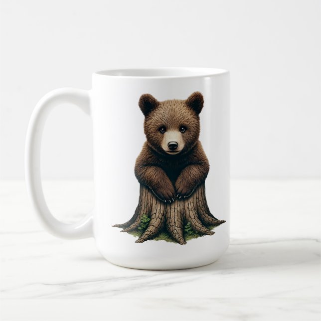 Adsible Bear Unge Sitta vid Träd-stumpen Kaffemugg (Vänster)