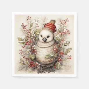 Adsible Bird Wearing Red Cap Holly Red Berries Pappersservett