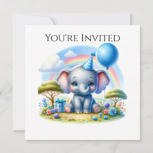 Adsible Birthday Elephant in Blue Party Hat Inbjudningar