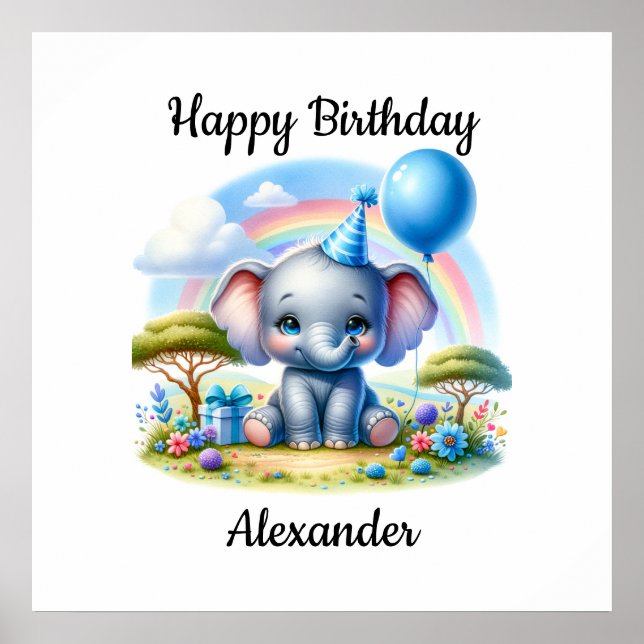 Adsible Birthday Elephant in Blue Party Hat Poster (Framsidan)