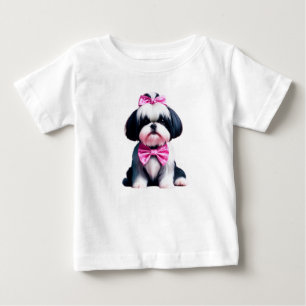 Adsible Black and White Shih Tzu med Rosa Polka T Shirt