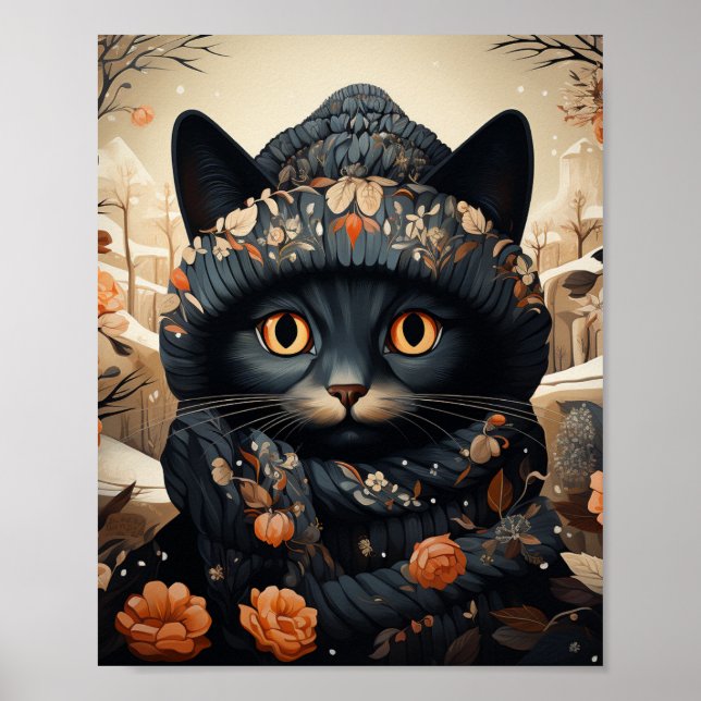 Adsible Black Cat in a Scarf and Hat Poster (Framsidan)