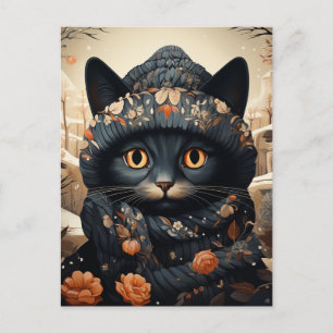 Adsible Black Cat in a Scarf and Hat Vykort