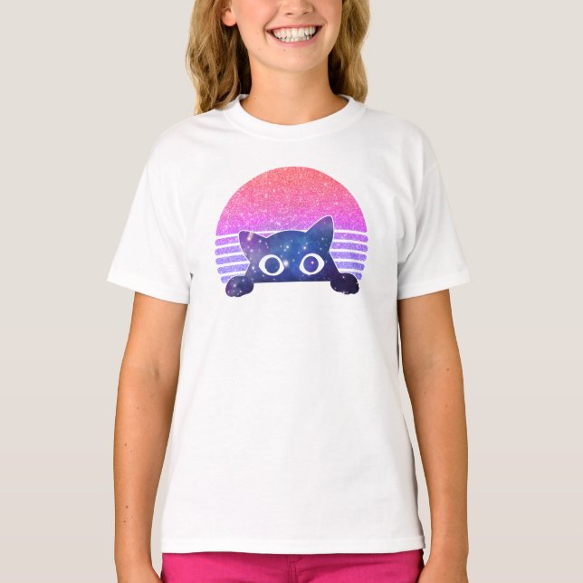 Adsible Black Cat Peeking - Cute Kattdjur T Shirt (Framsida)