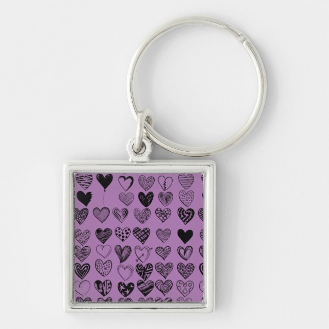 Adsible Black Heart Scribble Teckning Keychain Fyrkantig Silverfärgad Nyckelring (Framsidan)