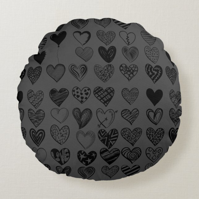 Adsible Black Heart Scribble Teckning Rund Kudde (Framsidan)