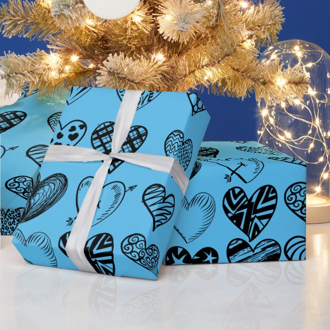 Adsible Black Heart Scribble Teckning Wrapping Pap Presentpapper (Helgdagar)