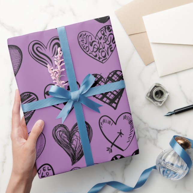 Adsible Black Heart Scribble Teckning Wrapping Pap Presentpapper (Gåvor)
