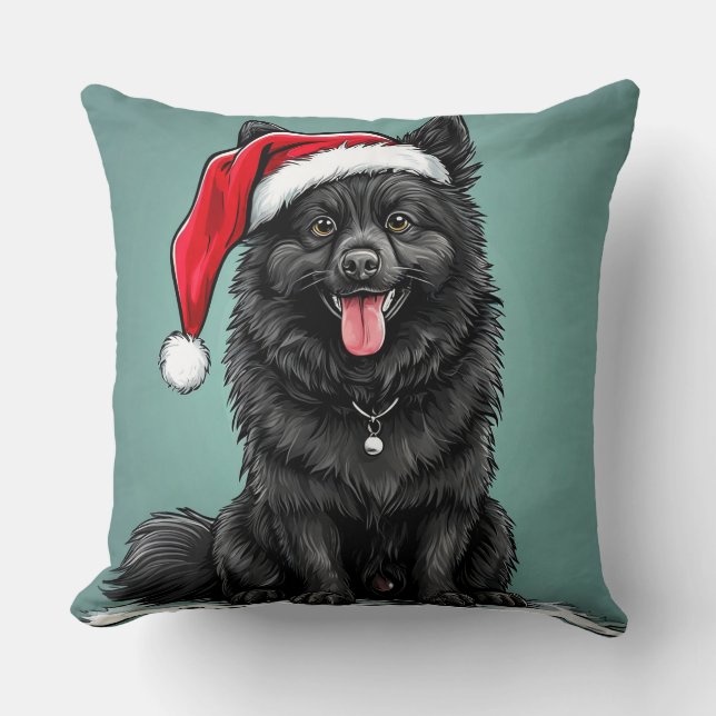 Adsible Black Hund Wearing Santa Hat Kudde (Framsida)
