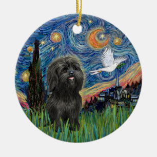 Adsible Black Shih Tzu in Starry Night Adaptation Julgransprydnad Keramik
