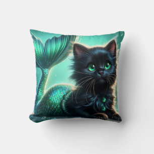 "Adsible Black Sjöjungfru Kitten with Grönt Ögon" Kudde