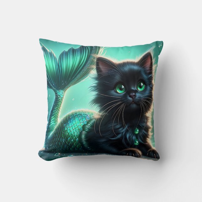 "Adsible Black Sjöjungfru Kitten with Grönt Ögon" Kudde (Framsida)