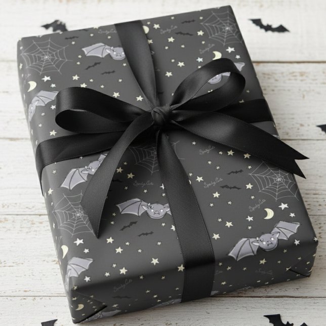 Adsible Black Spooky Cute Girly Fladdermus Hallowe Presentpapper (Black Bats Wrapping Paper for Halloween or October Birthday Party. Whimsical Wings Halloween Pattern)