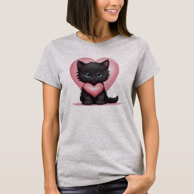 Adsible Black Valentine Kitten T Shirt (Framsida)