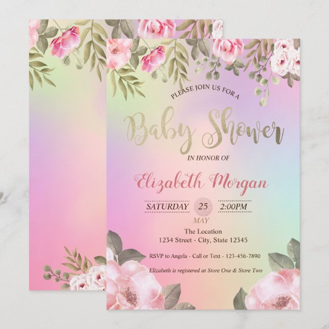 Adsible Blommigt HoloGraph Baby Shower-inbjudan Inbjudningar (Fram/baksida)