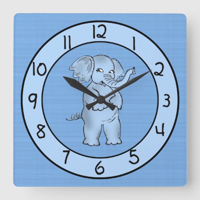 Adsible Blue Elephant Wall Clock for Boys Fyrkantig Klocka (Framsida)