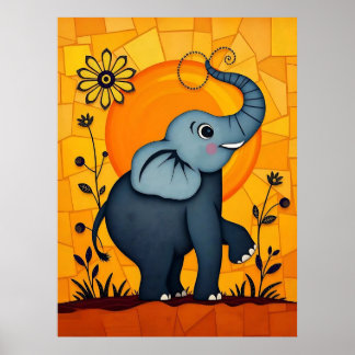 Adsible Blue Elephant with Blommigt Accents Poster