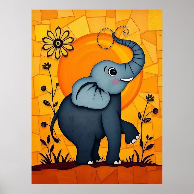 Adsible Blue Elephant with Blommigt Accents Poster (Framsidan)