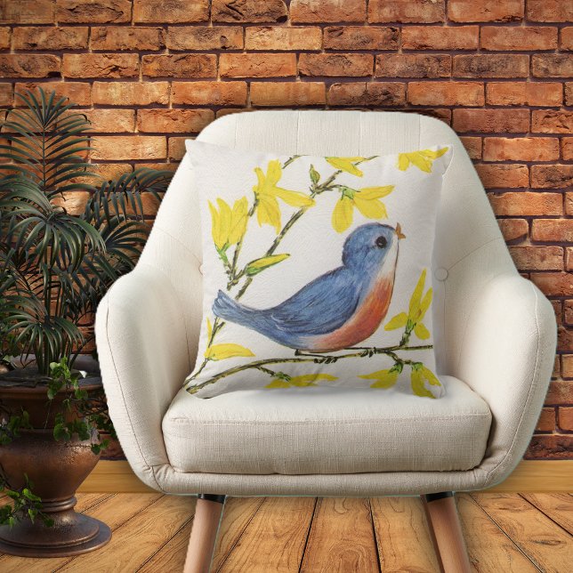 Adsible Blue Red Singing Bird Gula blommor Kudde (Cute blue red singing bird on branch with yellow flowers on textured look white home decor pillow.)