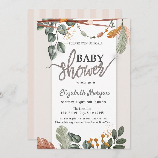 Adsible Boho Baby Shower Inbjudningar (Fram/baksida)