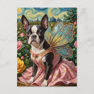 Adsible Boston Terrier Fairy in a Ro Garden Vykort
