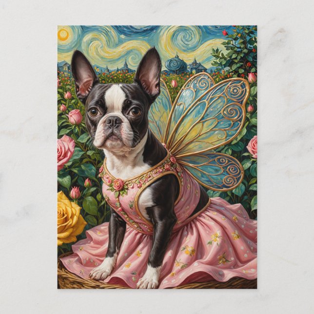 Adsible Boston Terrier Fairy in a Ro Garden Vykort (Framsida)