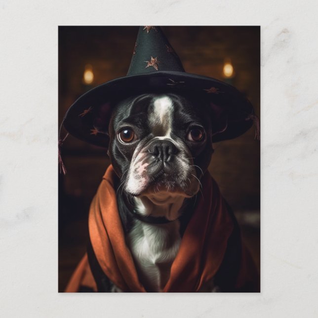 Adsible Boston Terrier Halloween Vykort (Framsida)
