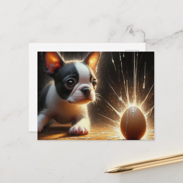 Adsible Boston Terrier Puppy Broken Egg Vykort (Fram/Back In Situ)
