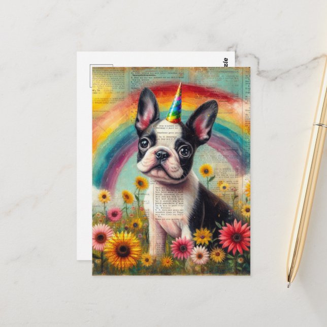 Adsible Boston Terrier Unicorn Puppy Collage Vykort (Fram/Back In Situ)