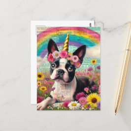 Adsible Boston Terrier Unicorn Puppy Wildblommor Vykort