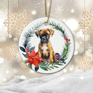 Adsible Boxer Puppy Watercolor Poinsettia Julgransprydnad Keramik