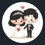 Adsible Bröllop par Stickers Runt Klistermärke<br><div class="desc">Söta tecknader av en brud och en groom som delar ett kärleksfullt ögonblick,  perfekt för bröllop firande och romantiska anteckningar.</div>