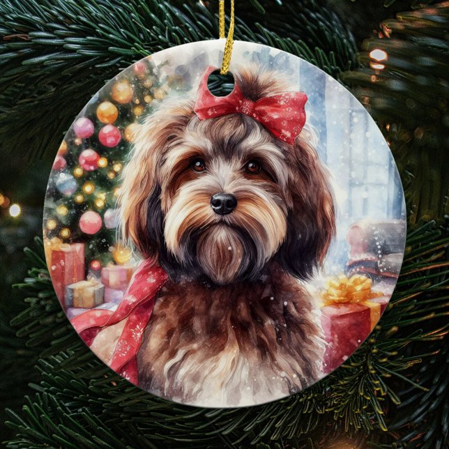 Adsible Brown Havanese Hund with Red Bow jul Julgransprydnad Keramik (Skapare uppladdad)