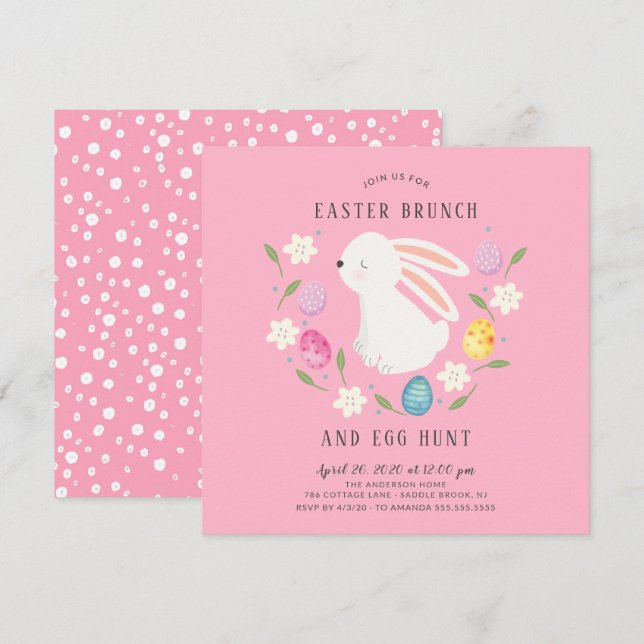 Adsible Bunny Påsk Brunch & Egg Hunt Inbjudningar (Fram/baksida)
