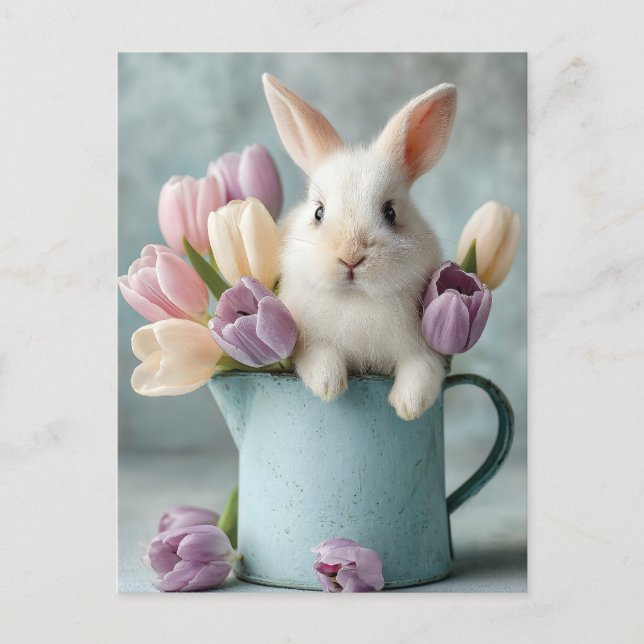 Adsible Bunny Peeking från en Pitcher of Tulips Helg Vykort (Framsida)