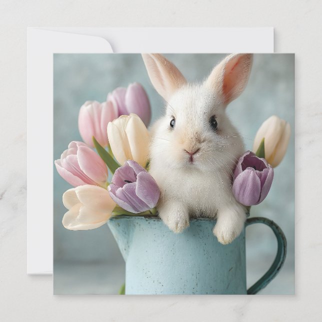 Adsible Bunny Peeking från en Pitcher of Tulips Julkort (Framsida)