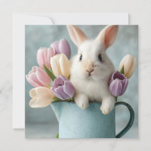 Adsible Bunny Peeking från en Pitcher of Tulips Julkort