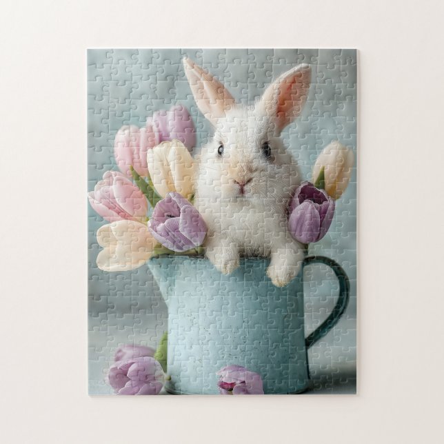 Adsible Bunny Peeking från en Pitcher of Tulips Pussel (Vertikal)