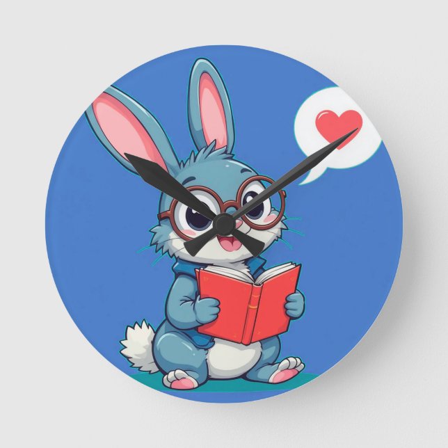 Adsible Bunny Wearing Glasses Reading a Bok Rund Klocka (Framsida)