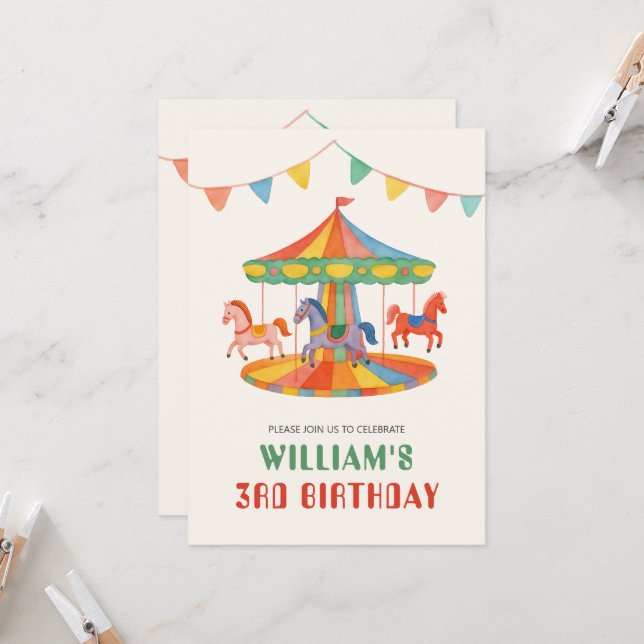 Adsible Carousel Birthday Inbjudningar (Fram/Back In Situ)